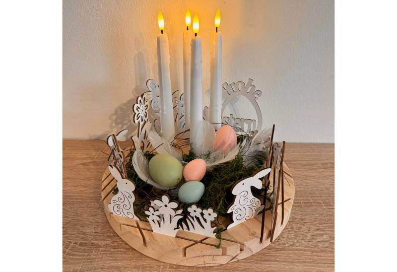 Online-Fuchs Dekotablett aus Holz mit Steckfunktion und Platz für 4 Stabkerzen - Ostern (Weiß oder Bunt), 13 Holzstecker zum Dekorieren von Online-Fuchs