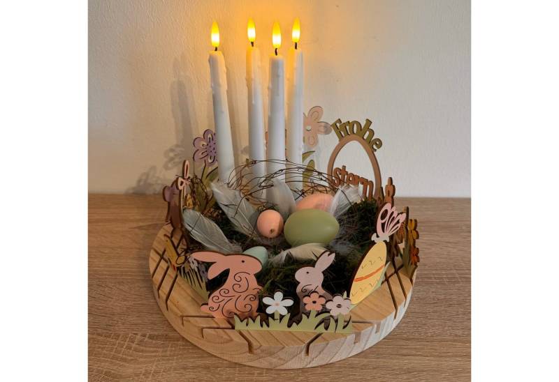 Online-Fuchs Dekotablett aus Holz mit Steckfunktion und Platz für 4 Stabkerzen - Ostern (Weiß oder Bunt), 13 Holzstecker zum Dekorieren von Online-Fuchs