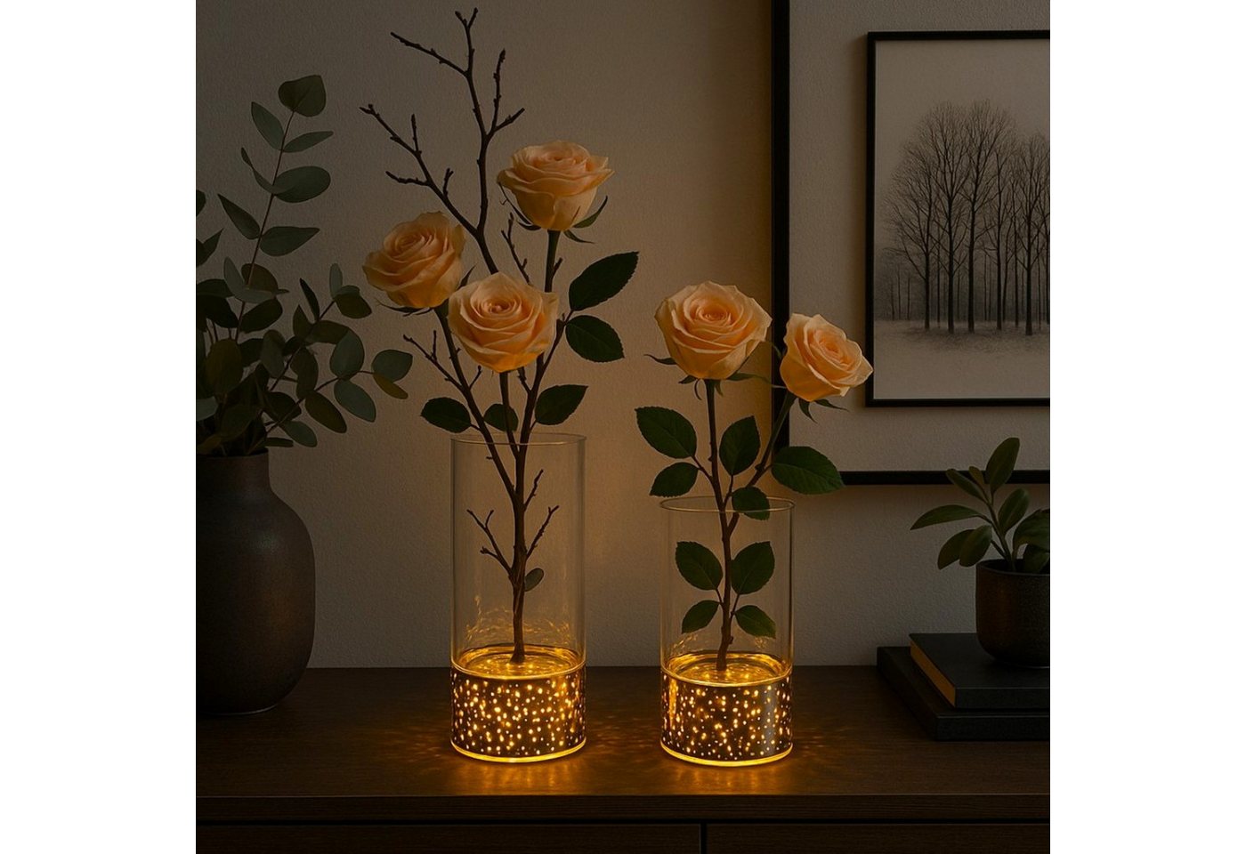 Online-Fuchs Dekovase mit LED-Beleuchtung und Timer - DIY Vase zum Dekorieren (Warmweiß oder Farbwechsel möglich, 2er Set, 15 und 20,5 cm groß), praktische 6-Stunden Timerfunktion von Online-Fuchs