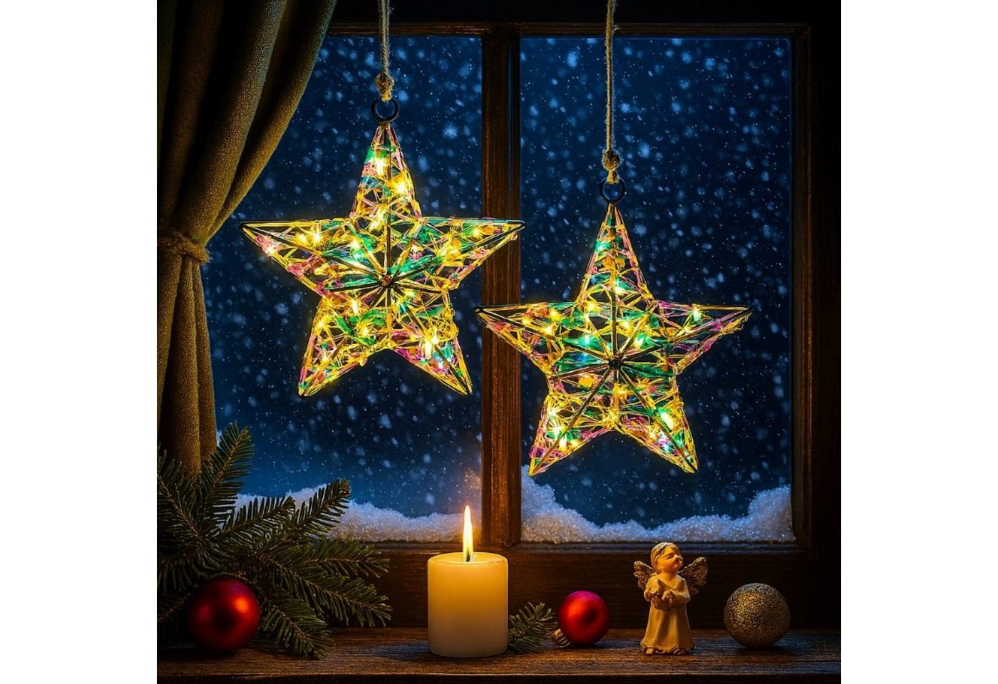 Online-Fuchs Fensterdekoration 2 Weihnachtssterne aus Metall mit Folien und LED-Lichterkette & Timer, Weihnachtsdekoration für Innen und Außen, Outdoor geeigent Online-Fuchs Fensterdekoration 2 Weihnachtssterne aus Metall mit Folien und LED-Lichterkette & Timer, Weihnachtsdekoration für Innen und Außen, Outdoor geeigent von Online-Fuchs