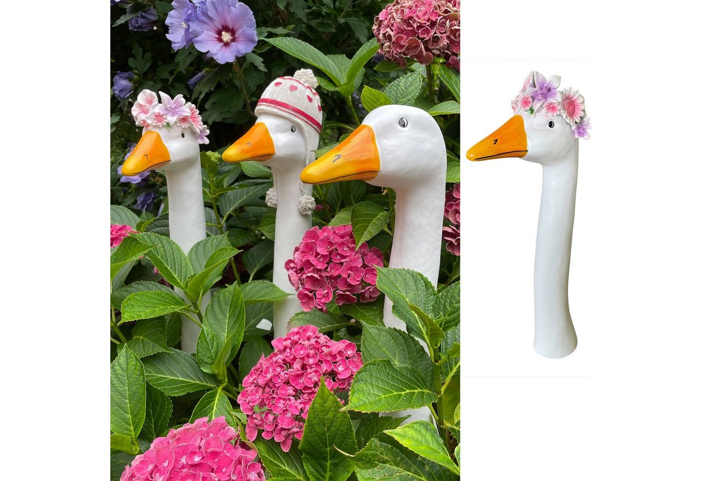 Online-Fuchs Gartenfigur als Gartenstecker Gänsehals, Gans mit BLUMENKRANZ Tiere Deko groß, Maße ca. 36 cm hoch, 15 cm lang und 8 cm breit, Ganter von Online-Fuchs