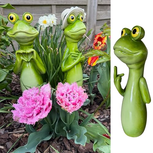 Online Fuchs Gartenstecker, Beetstecker Froschhals, Kopf - lustige Deko Gartenfiguren für Sträucher, Hecken und Blumen - Frosch, 30 cm groß - wetterfest (Frosch mit Stinkefinger) von Online Fuchs