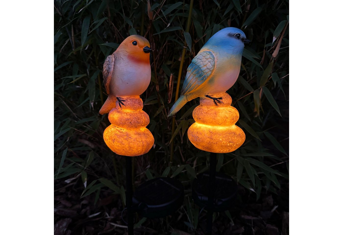 Online-Fuchs Gartenstecker Beetstecker mit LED Solarleuchten - 2er Set Vögel, Vogel auf Steinen (Gartendeko Figuren) - Maße mit Erdspieß ca. 53 cm, Vögel ca. 15 cm groß von Online-Fuchs