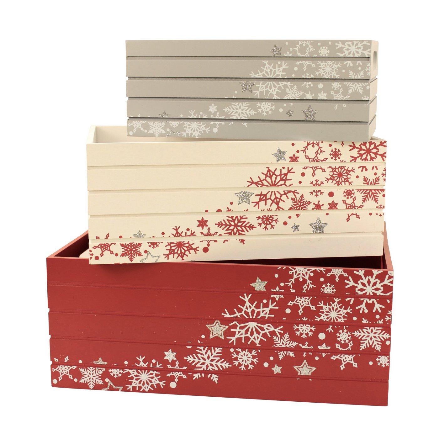 Online-Fuchs Geschenkbox 3er Set Deko Holzkisten, ideal als Geschenkverpackung zu Weihnachten - (Geschenkpapier, Geschenktüten, bedruckt mit Sternen und Schneeflocken, Weinkisten-Art) von Online-Fuchs