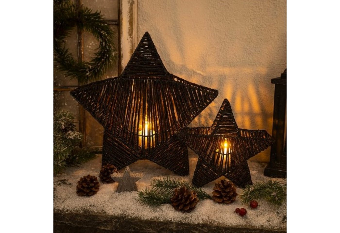 Online-Fuchs Kerzenhalter - 2er Set Windlicht Stern - Deko für Herbst, Winter & Weihnachten (Glaseinsatz für Teelichter oder kleine Stumpenkerzen, Deko für Wohnzimmer, Fensterbank und Sideboard), Kerzenständer, ähnlich einer Laterne von Online-Fuchs