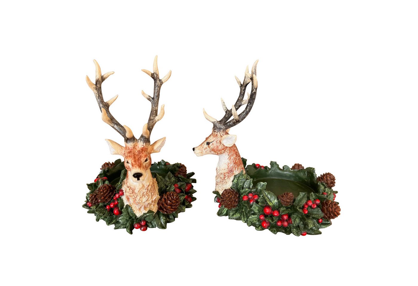 Online-Fuchs Kerzenhalter Hirsch mit Stechpalme & Tannenzapfen für Herbst, Weihnachten (2er Set, 18 cm groß), Kerzenständer für Stumpenkerzen von Online-Fuchs