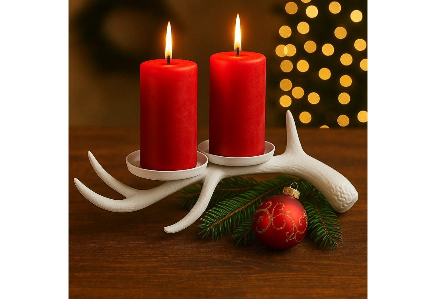 Online-Fuchs Kerzenhalter - Kerzenständer Hirschgeweih - Vintage Optik - 31 cm lang (Weiß oder Gold, Vintage Optik), geeignet für 2 Stumpenkerzen von Online-Fuchs