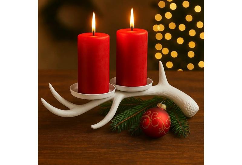 Online-Fuchs Kerzenhalter - Kerzenständer Hirschgeweih - Vintage Optik - 31 cm lang (Weiß oder Gold, Vintage Optik), geeignet für 2 Stumpenkerzen von Online-Fuchs
