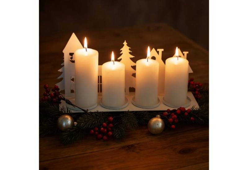Online-Fuchs Kerzenhalter Winterdorf aus Metall - moderner Adventskranz in Weiß - Kerzenständer (für Stumpenkerzen, 40 cm lang), schlicht, modern zeitlos im Design von Online-Fuchs