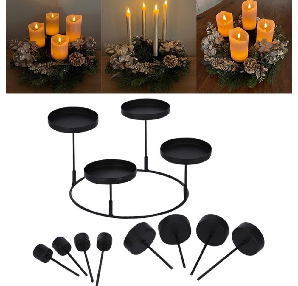 Online-Fuchs Kerzenständer 3 in 1 Kerzenhalter aus Metall in Schwarz, ideal als Adventskranz (Individuell in der Gestaltung, Halter für je 4 Stumpenkerzen, 4 Stabkerzen oder 4 Teelichter), Grundgestell 20 cm Durchmesser von Online-Fuchs