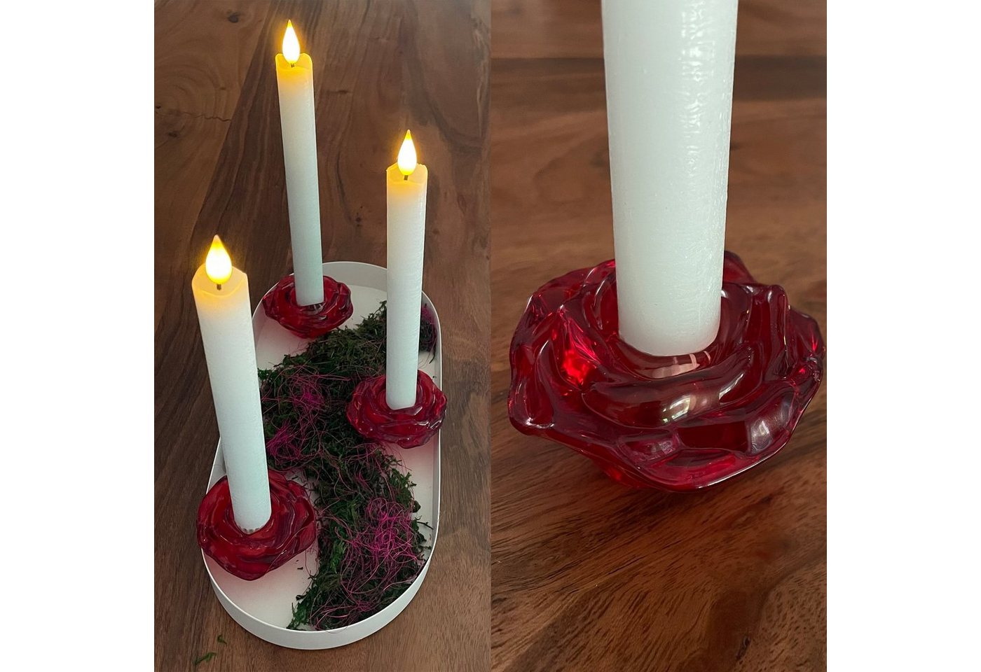 Online-Fuchs Kerzenständer 5er Set Kerzenhalter für Stabkerzen als Rosenblüten Rosen-Design ROT, Maße: 7x7x8 cm, aus Glas, für Tafelkerzen mit 2,1 cm Durchmesser von Online-Fuchs