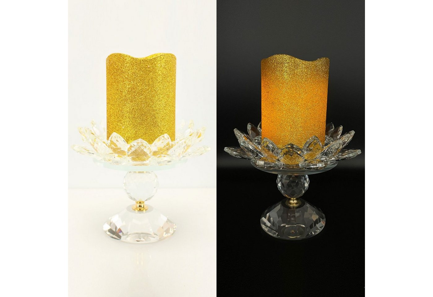 Online-Fuchs Kerzenständer Kerzenständer aus Glas mit Lotusblüte inkl. LED Stumpen Kerze (Stumpenkerze ist mit goldenem Glitzer überzogen), Kerzenständer:12 x 16 cm, Kerze 10 x 7,5 cm von Online-Fuchs