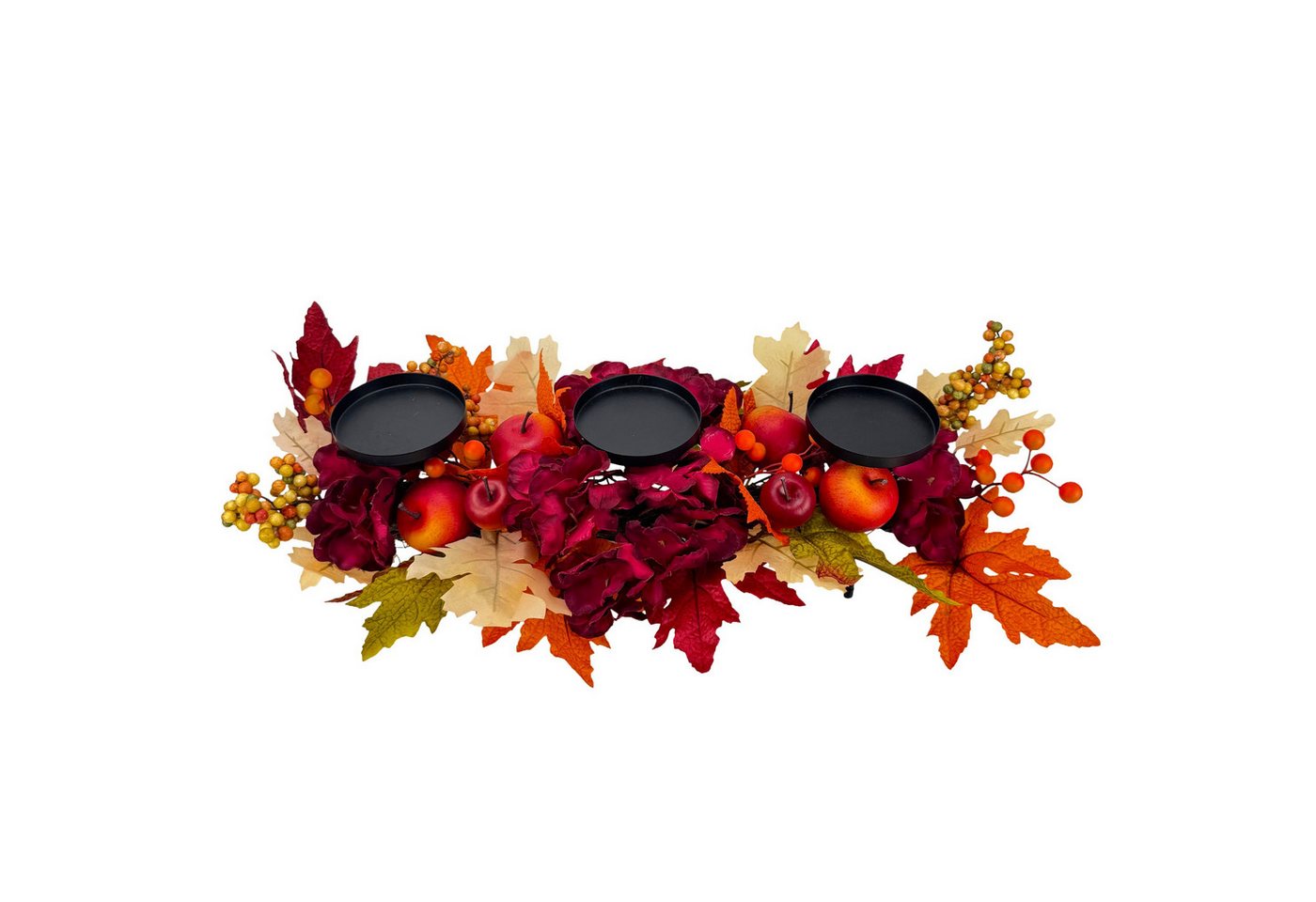 Online-Fuchs Kerzenständer - Kerzenständer für 3 Stumpenkerzen mit Herbstlaub und Deko Äpfeln (Hortensienblüten und Sanddorn, Kerzenteller aus Metall), Herbstdeko von Online-Fuchs