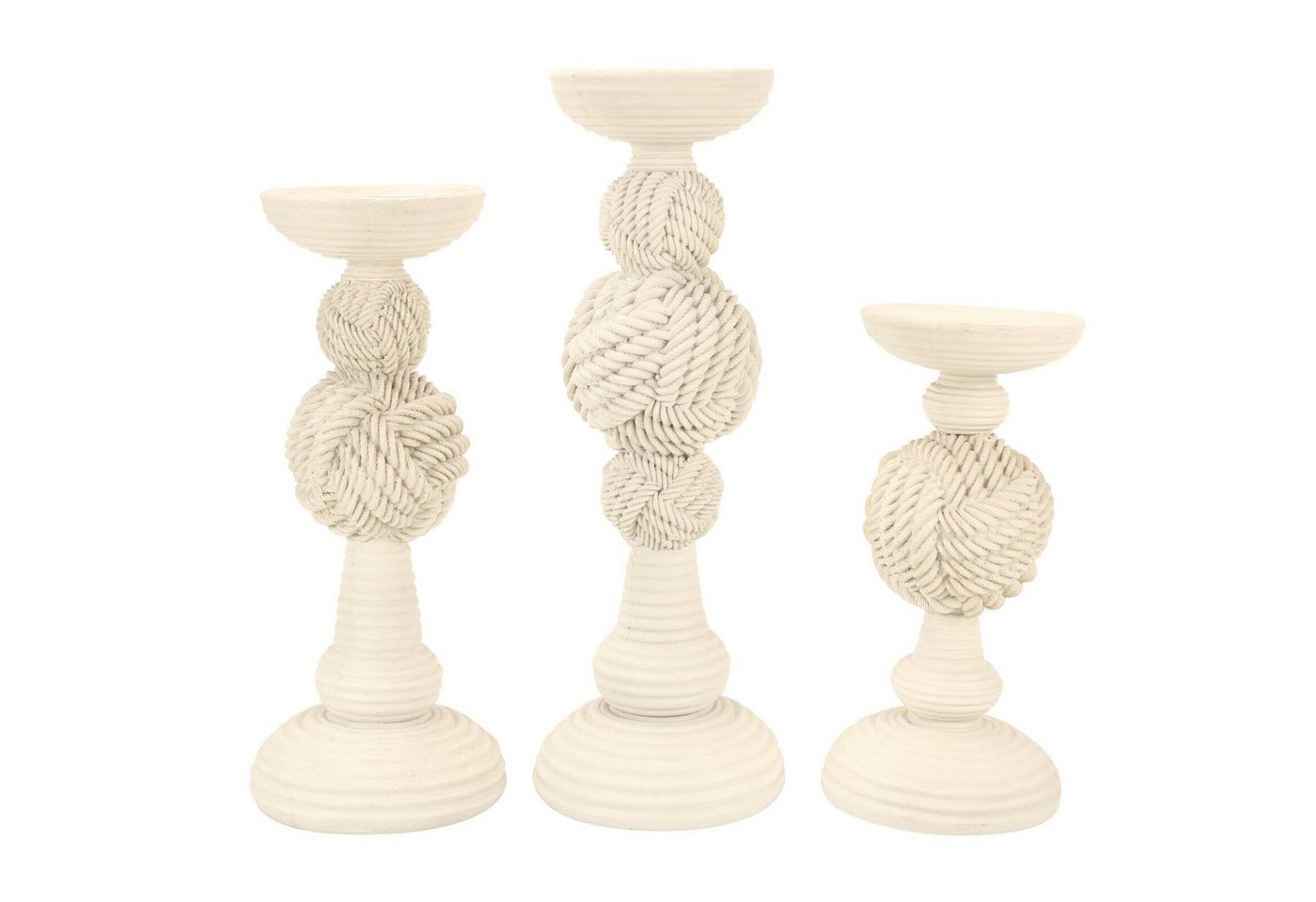 Online-Fuchs Kerzenständer als 3er Set Kerzenhalter im maritimen Stil für Stumpenkerzen (Creme-farbend, aus Polyresin, Rillen-Optik, für Kerzen bis zu 7,5 cm Durchmesser), mit Tau-Design, 3 Höhen (21, 26 und 31 cm) Deko von Online-Fuchs