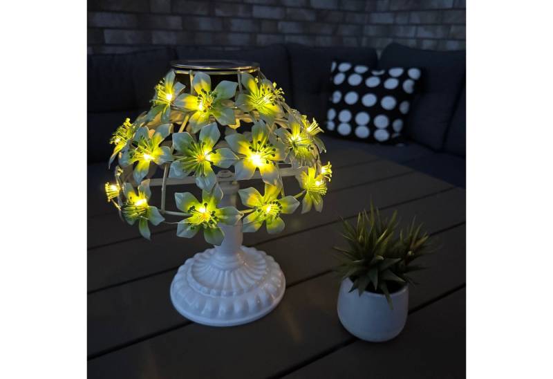Online-Fuchs LED Außen-Tischleuchte - Solar Tischlampe kabellos mit 31 Hibiskusblüten - Outdoor, LED-Lichterkette integriert, warmweiß, Gartendeko für Terrasse oder Balkon von Online-Fuchs