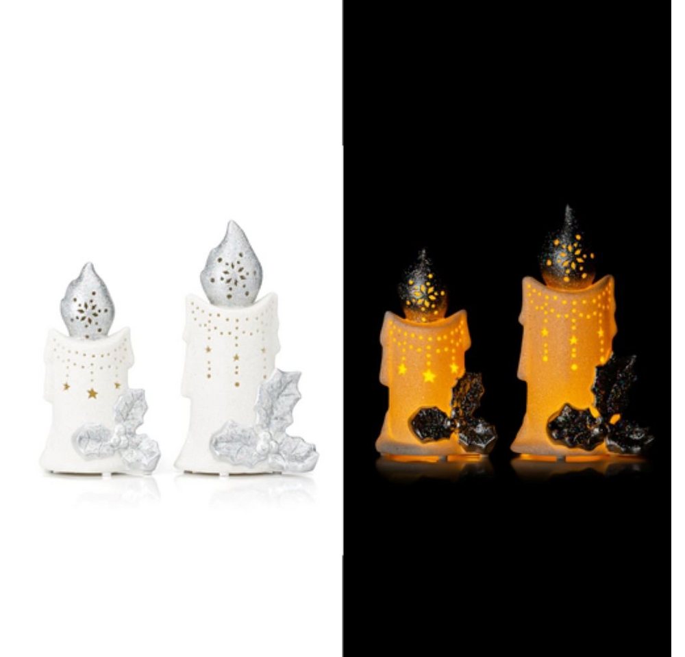 Online-Fuchs LED Dekoobjekt 2er Set als dekorative Kerzen aus Keramik mit LED Beleuchtung SILBER, LED fest integriert, Lichtfarbe: warmweiß, mit Mistelzweig-Optik, zwei Höhen (19 und 23 cm), 6-Stunden Timer von Online-Fuchs