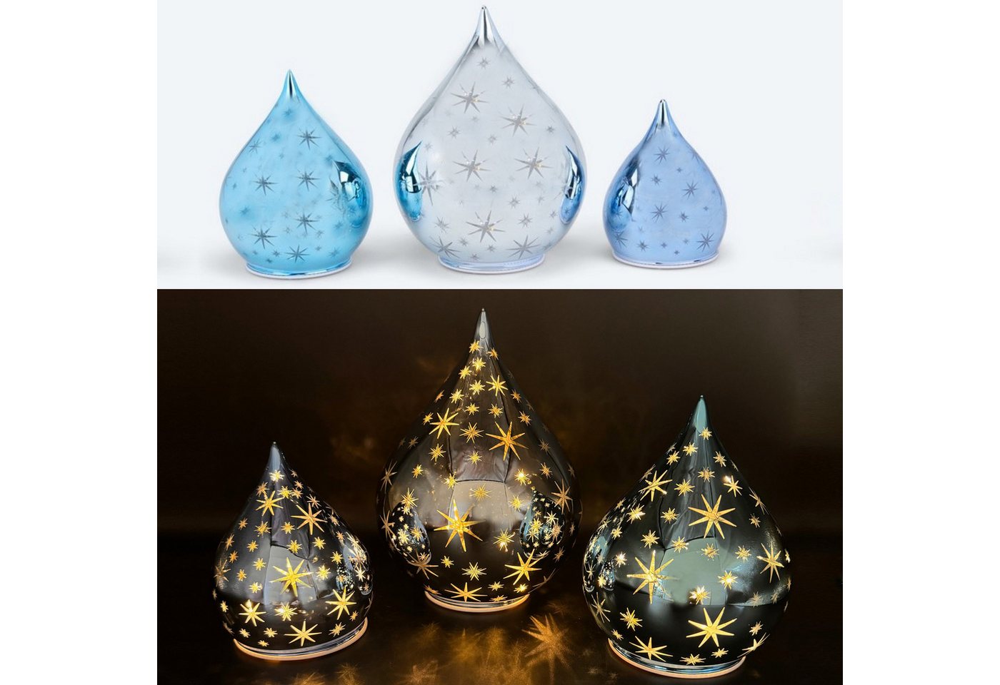 Online-Fuchs LED Dekoobjekt 3er Set Glastropfen mit LED Lichterkette, Leuchteffekten & Timer, Warmweiße LEDs, Stimmungslicht, Weihnachtsdeko von Online-Fuchs