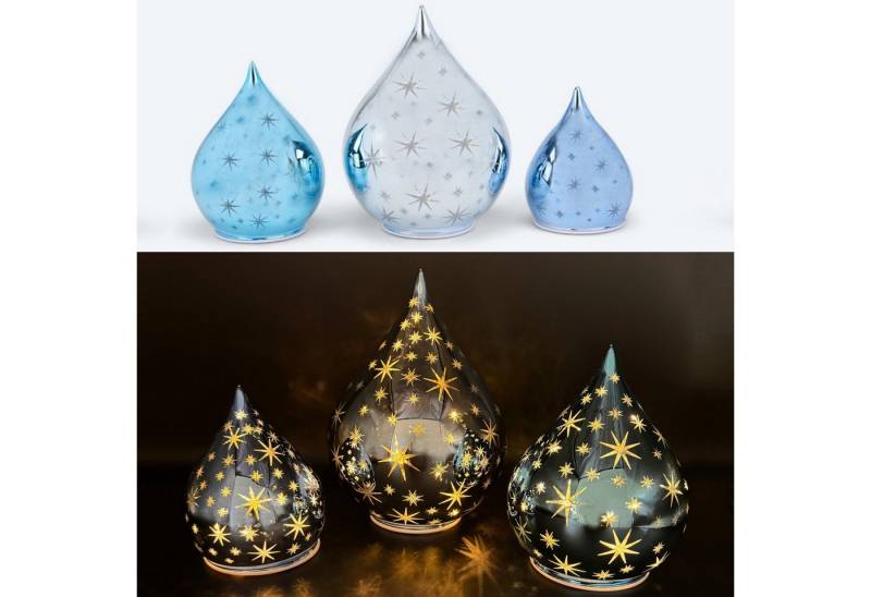 Online-Fuchs LED Dekoobjekt 3er Set Glastropfen mit LED Lichterkette, Leuchteffekten & Timer, Warmweiße LEDs, Stimmungslicht, Weihnachtsdeko von Online-Fuchs