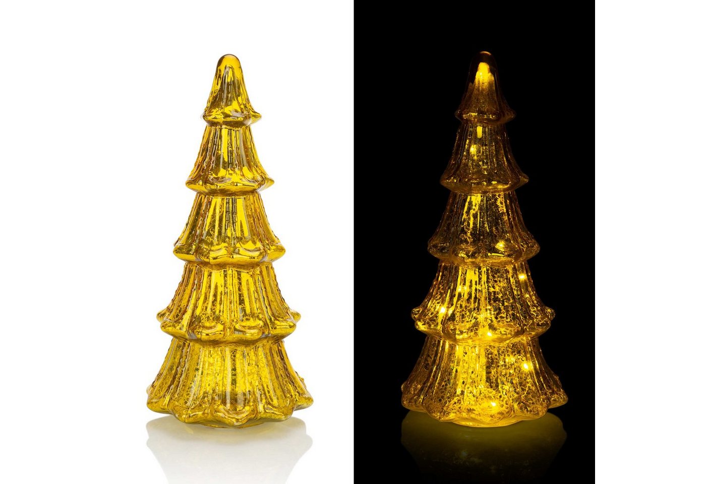 Online-Fuchs LED Dekoobjekt als Tannenbaum aus Glas mit LED-Lichterkette im Inneren, LED fest integriert, Lichtfarbe: gelblich, Weihnachts-Deko, Maße: ca. 36 x 18 cm, in Crankle-Optik, Gold-Gelb von Online-Fuchs