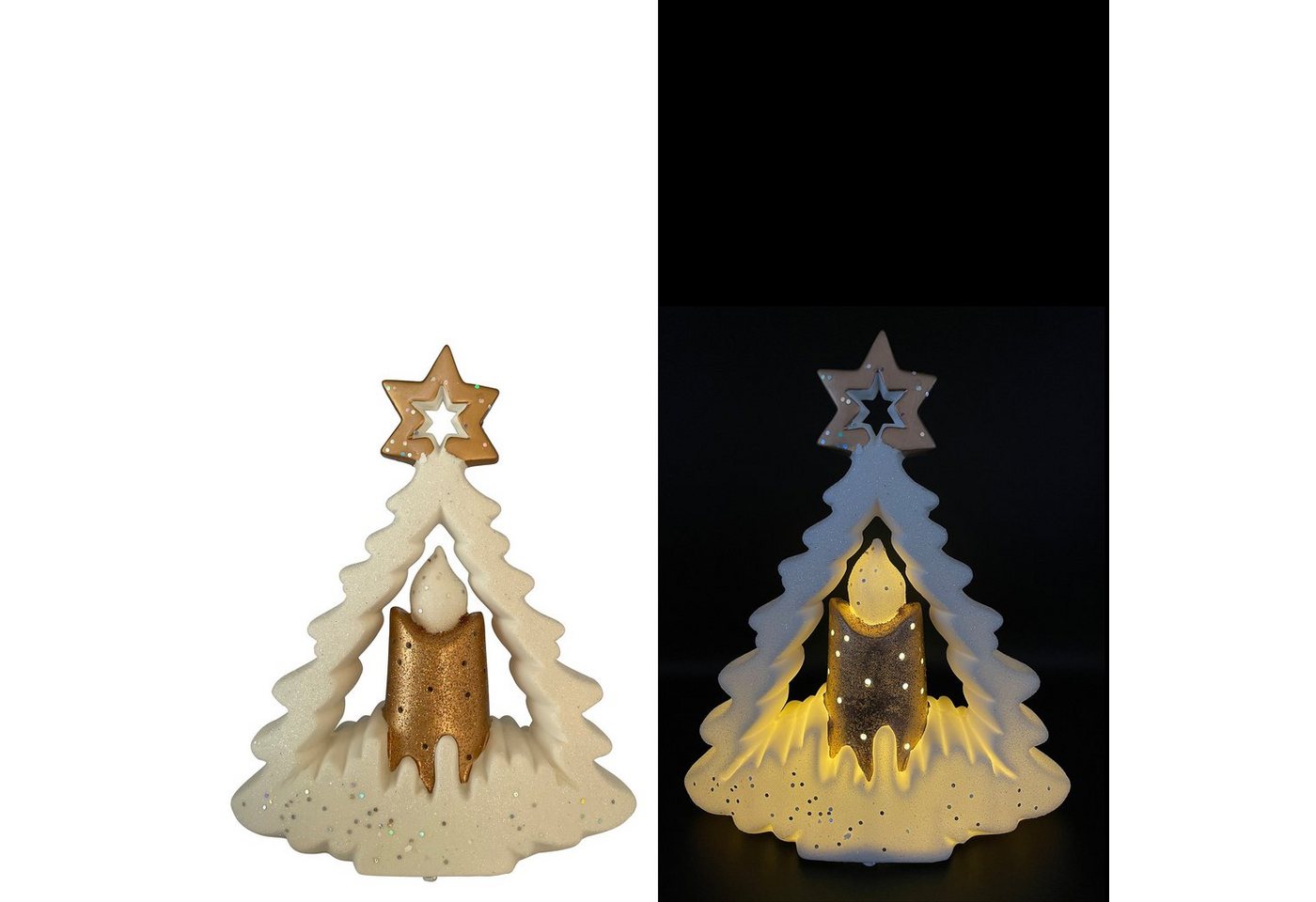 Online-Fuchs LED Dekoobjekt als Tannenbaum mit goldener Kerze aus Keramik, LED Beleuchtung, LED fest integriert, Lichtfarbe: warmweiß, 6-Stunden-Timer, Maße: 28x24x9 cm, Weihnachts-Deko, Glitzer von Online-Fuchs