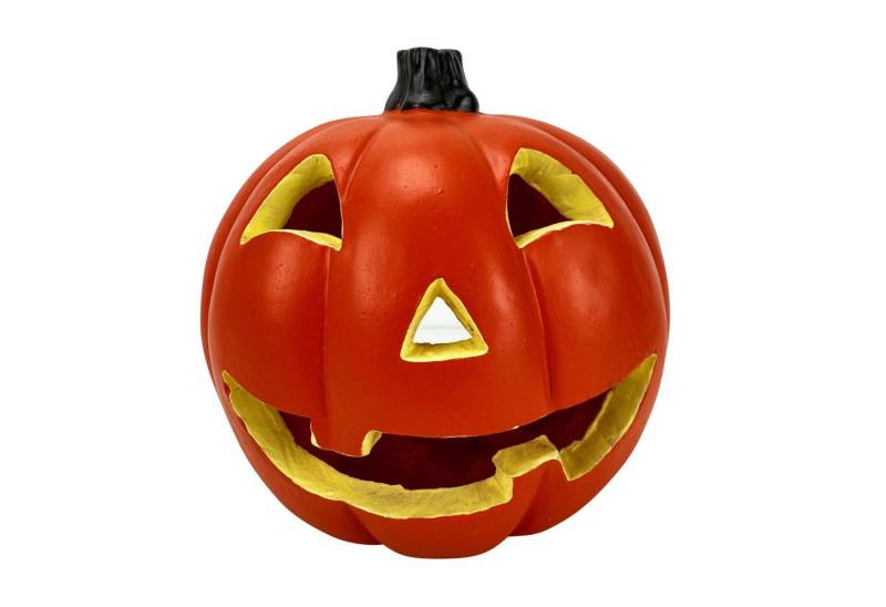 Online-Fuchs LED Dekoobjekt - geschnitzter Halloween Deko Kürbis mit LED-Kerze - Outdoor geeignet, LED-Teelicht heraus nehmbar, Kerze ohne Flamme, leuchtet aus dem Inneren, inkl. 6-Stunden Timerfunktion von Online-Fuchs