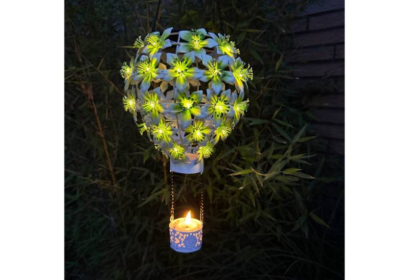 Online-Fuchs LED Gartenleuchte Solar Heißluftballon aus Metall mit Hibiskus Blüten, Gartendeko Lampen, Lichterkette mit 48 LED´s, warmweiß, ca. 60 cm groß mit Aufhängevorrichtung von Online-Fuchs