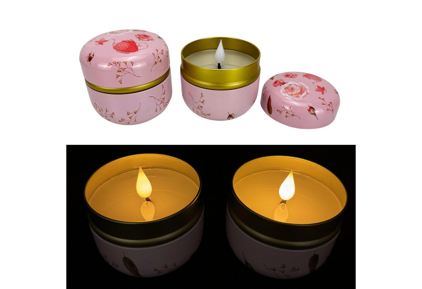 Online-Fuchs LED-Kerze - 2 Kerzen in einer Metalldose mit spiegelnder Wachsschicht & Timer (mit hübschen Blumendekor, 8,5 cm groß), inkl. 6-Stunden Timerfunktion von Online-Fuchs