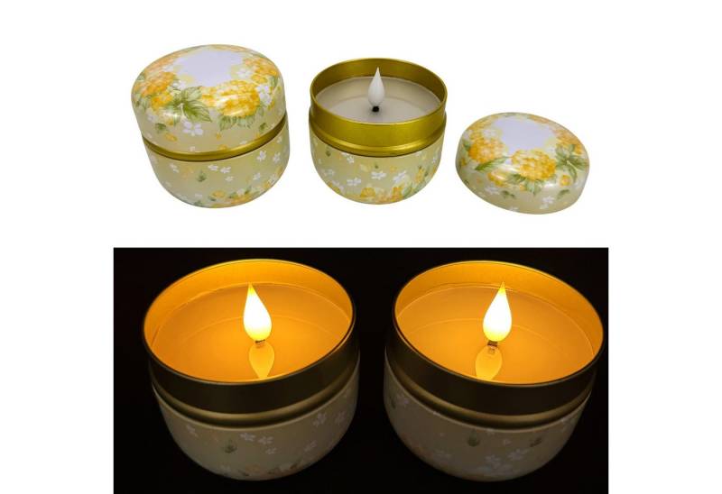 Online-Fuchs LED-Kerze - 2 Kerzen in einer Metalldose mit spiegelnder Wachsschicht & Timer (mit hübschen Blumendekor, 8,5 cm groß), inkl. 6-Stunden Timerfunktion von Online-Fuchs