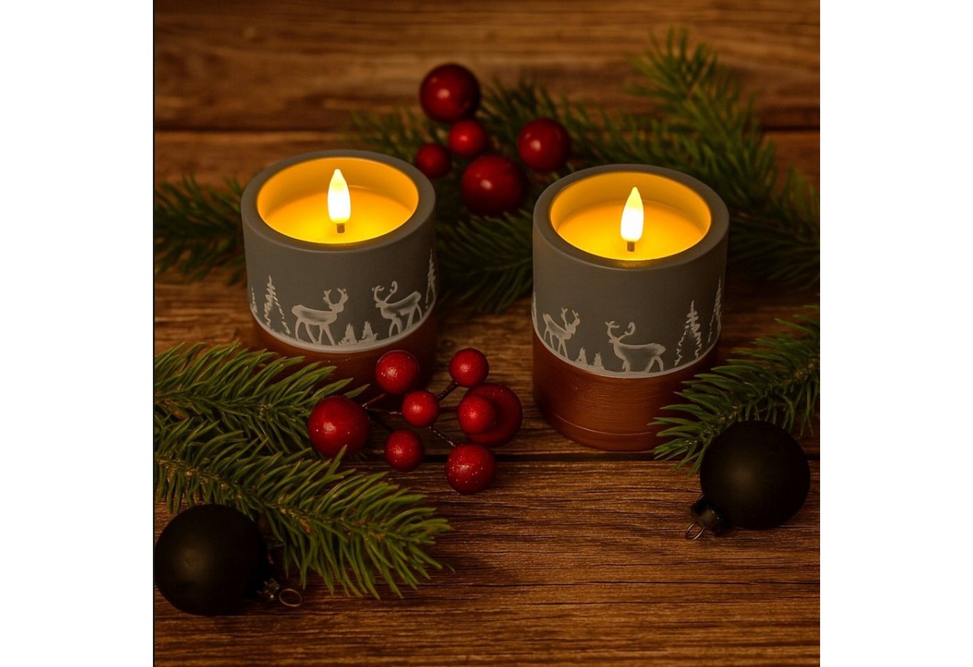 Online-Fuchs LED-Kerze - 2 LED-Kerzen aus Beton mit Waldszene & Timer - Weihnachtsdeko (mit realistischer Kerzenflamme, Herbst- und Winterdekoration), inklusive 6-Stunden Timerfunktion von Online-Fuchs