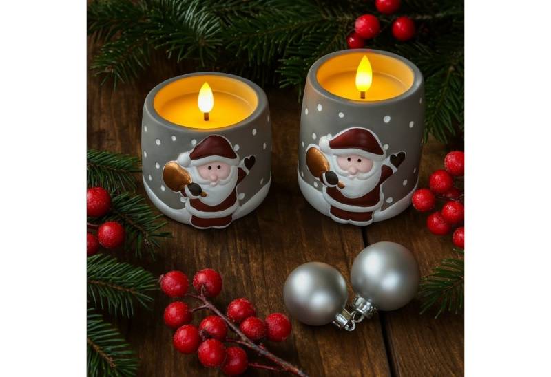 Online-Fuchs LED-Kerze - 2 LED-Kerzen aus Beton mit Weihnachtsmann & Timer - Weihnachtsdeko (mit realistischer Kerzenflamme, 8 und 10 cm hoch), inklusive 6-Stunden Timerfunktion von Online-Fuchs