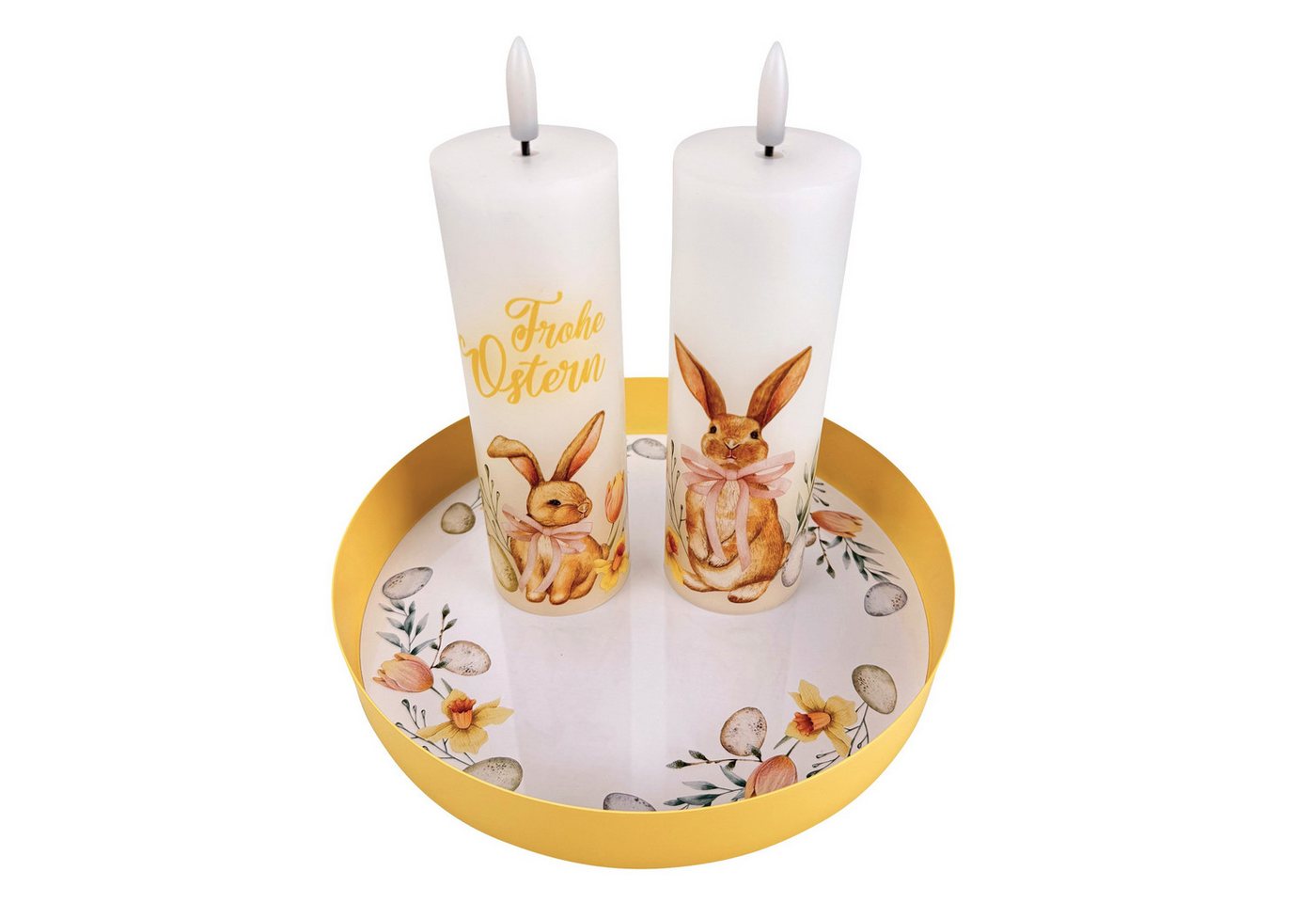 Online-Fuchs LED-Kerze - 2 LED-Kerzen mit Osterhasen und Timer - Osterdekoration (realistische Kerzenflamme, praktische 6-Stunden Timerfunktion), inklusive GRATIS Deko Tablett Beigabe von Online-Fuchs