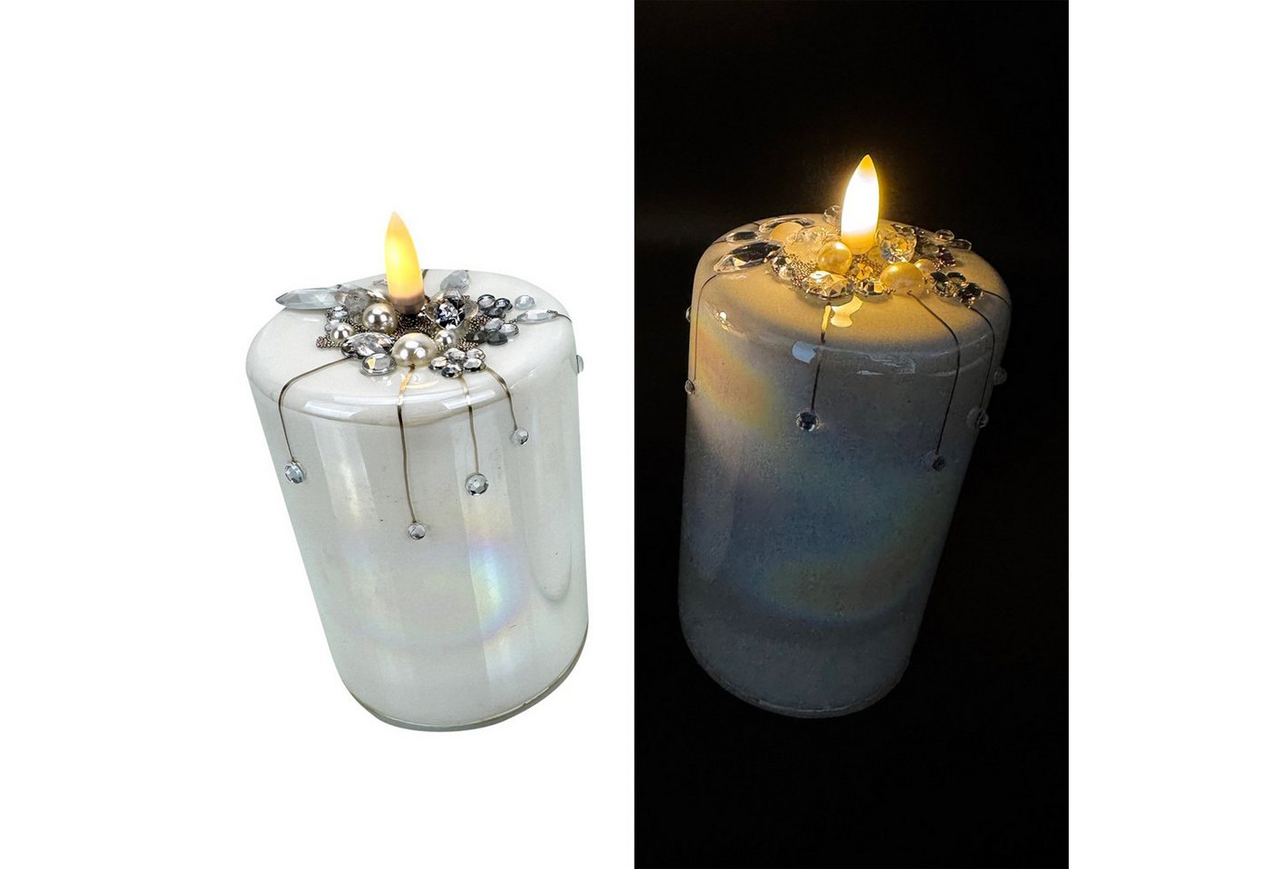 Online-Fuchs LED-Kerze 2er Set LED Kerzen aus Glas gefertigt mit 6-Stunden Timer (Weiß oder Anthrazit, realistische Kerzenflamme), mit verschiedenen Perlen und Glasblumen bestückt von Online-Fuchs