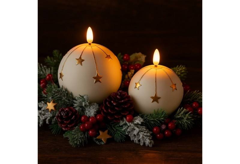Online-Fuchs LED-Kerze 2er Set runde LED Kerzen aus Keramik mit Sternen verziert (Silber, Gold, Kugelkerzen), 6-Stunden Timerfunktion - Kerzen für Weihnachten von Online-Fuchs