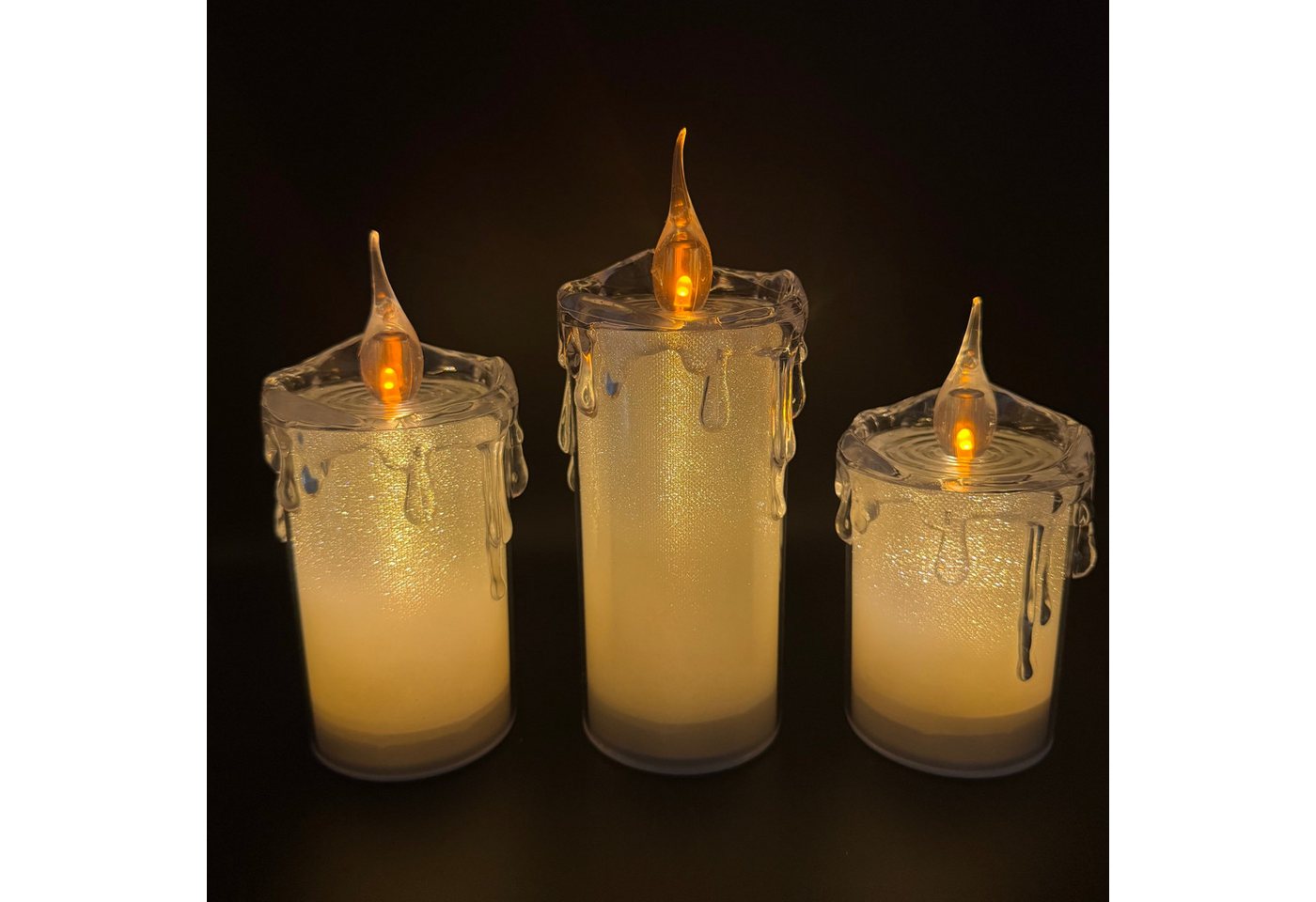 Online-Fuchs LED-Kerze 3 LED-Kerzen mit Tropfenverlauf, Glitzereffekt und Timer (16, 18 und 21 cm groß, aus Kunststoff gefertigt), inklusive integrierter 6-Stunden Timerfunktion von Online-Fuchs