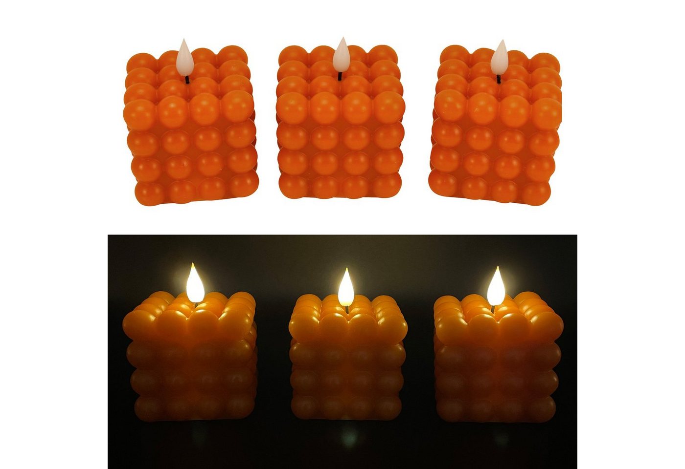 Online-Fuchs LED-Kerze 3er Set LED Bubble Kerzen aus Echtwachs mit Timerfunktion (2 Farben wählbar (creme oder orange), Seifenblasen-Optik Würfel-förmig 7,5x7,5x10 cm von Online-Fuchs