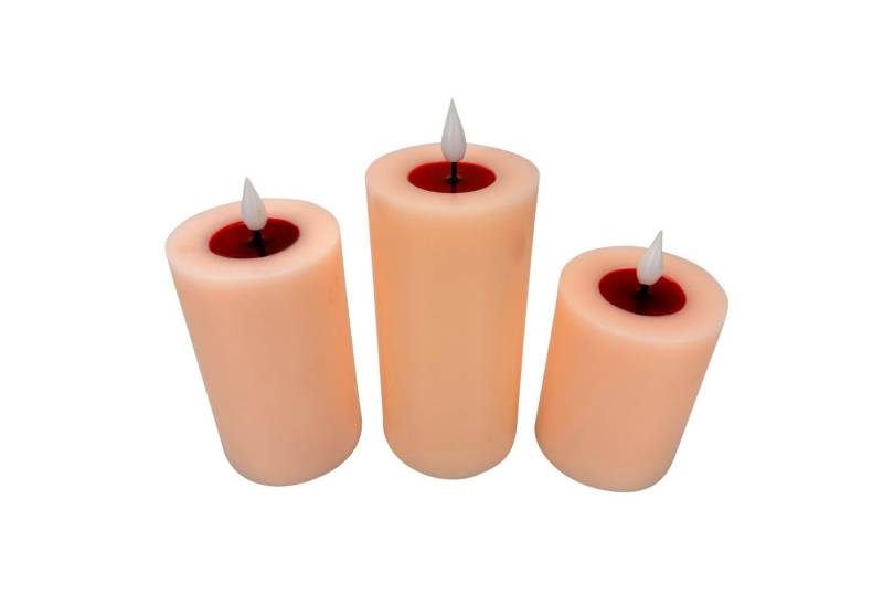 Online-Fuchs LED-Kerze 3er Set LED-Echtwachskerzen mit Timer und realistischer Flamme (Weiß, Gelb, Rosa Hellgrün), Auffällige Spiegelschicht unter der Flamme von Online-Fuchs