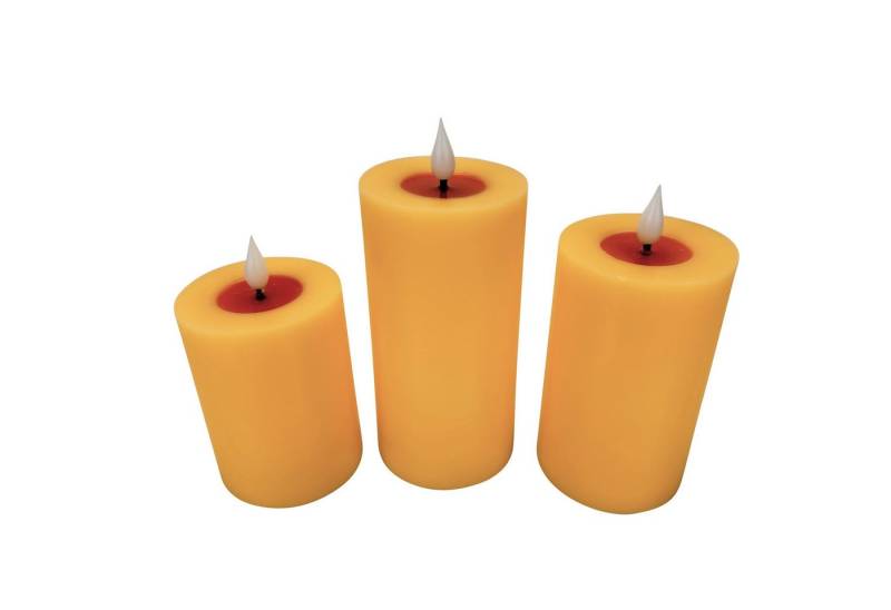 Online-Fuchs LED-Kerze 3er Set LED-Echtwachskerzen mit Timer und realistischer Flamme (Weiß, Gelb, Rosa Hellgrün), Auffällige Spiegelschicht unter der Flamme von Online-Fuchs
