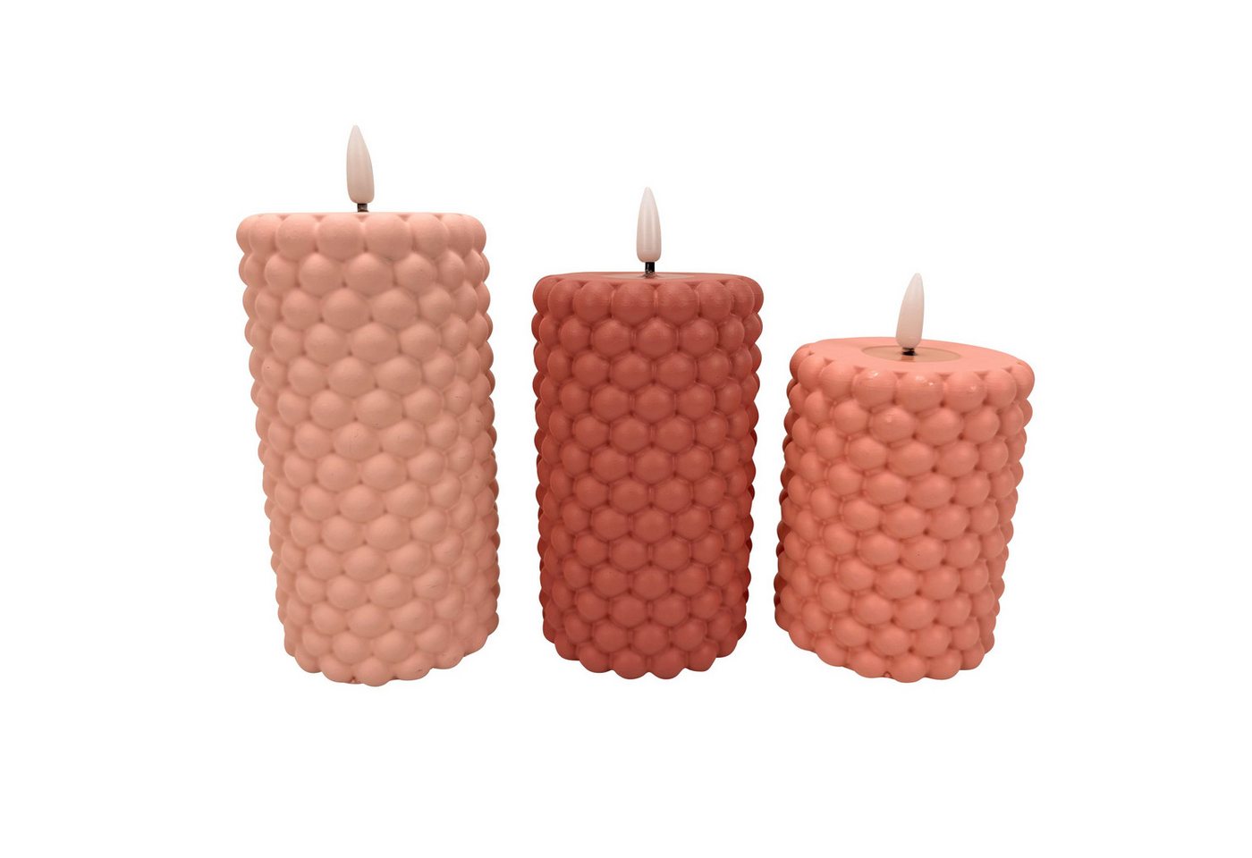 Online-Fuchs LED-Kerze - 3er Set LED-Kerzen aus Beton in Bubble Optik mit 6-Stunden Timer (filigran & modern, Rosa, Hellgrün, Blau, Rot, Gelb), realistische Flamme mit Spiegeloptik von Online-Fuchs