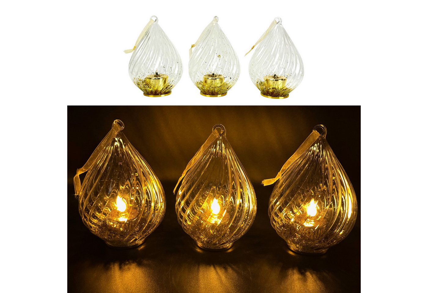 Online-Fuchs LED-Kerze - 3er Set LED Teelichter in einem Glastropfen inklusive Timer (Rot, Blau, Gold und Silber, zum Aufhängen oder Hinstellen), inklusive 6 Stunden-Timerfunktion - Weihnachtsdeko von Online-Fuchs