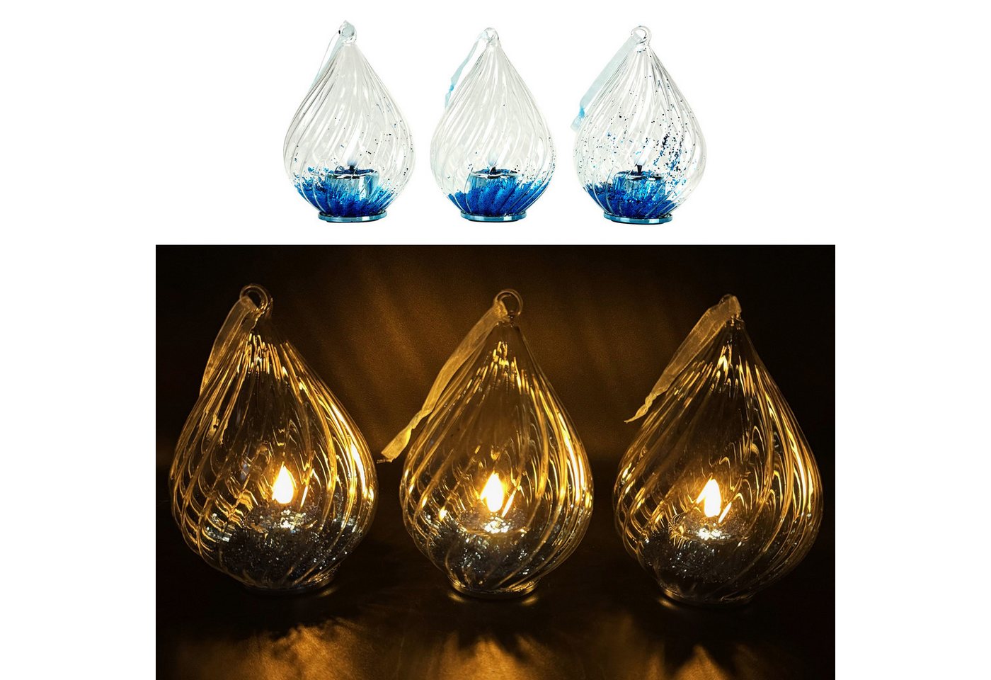 Online-Fuchs LED-Kerze - 3er Set LED Teelichter in einem Glastropfen inklusive Timer (Rot, Blau, Gold und Silber, zum Aufhängen oder Hinstellen), inklusive 6 Stunden-Timerfunktion - Weihnachtsdeko von Online-Fuchs