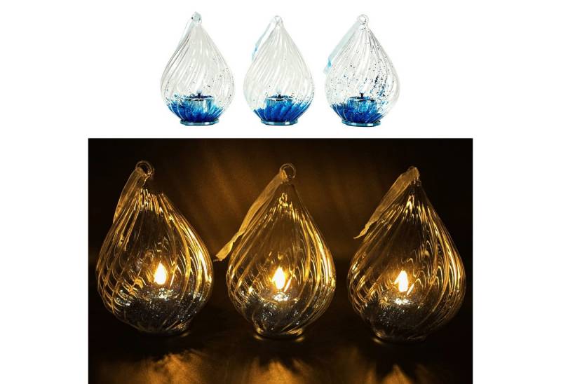 Online-Fuchs LED-Kerze - 3er Set LED Teelichter in einem Glastropfen inklusive Timer (Rot, Blau, Gold und Silber, zum Aufhängen oder Hinstellen), inklusive 6 Stunden-Timerfunktion - Weihnachtsdeko von Online-Fuchs