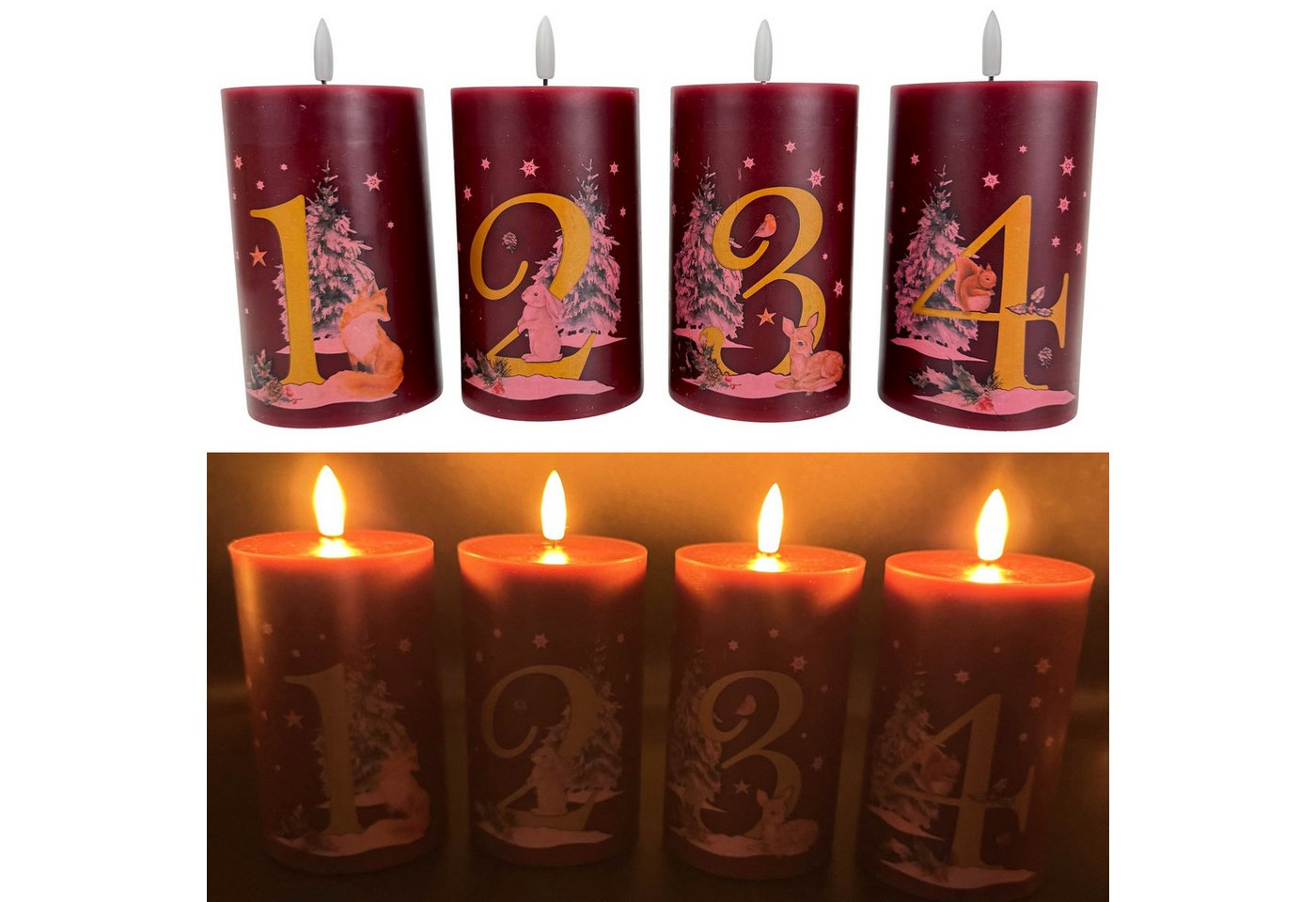 Online-Fuchs LED-Kerze 4 Adventskerzen im Set mit Zahlen und 6-Stunden Timer - Weihnachtsdeko (Rot oder Weiß, realistische Kerzenflamme), ideal für den Adventkranz von Online-Fuchs