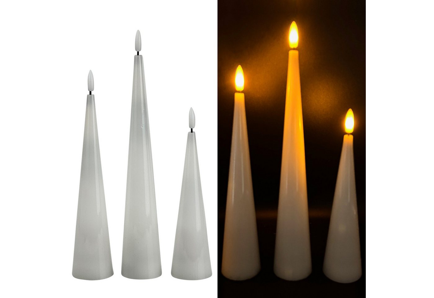 Online-Fuchs LED-Kerze 3 LED-Kerzen, Stabkerzen XL in Kegelform inklusive 6-Stunden Timer (realistische Kerzenflamme, Weiß, Grün, Gelb, Pflaume), modern - elegant - stilvoll von Online-Fuchs