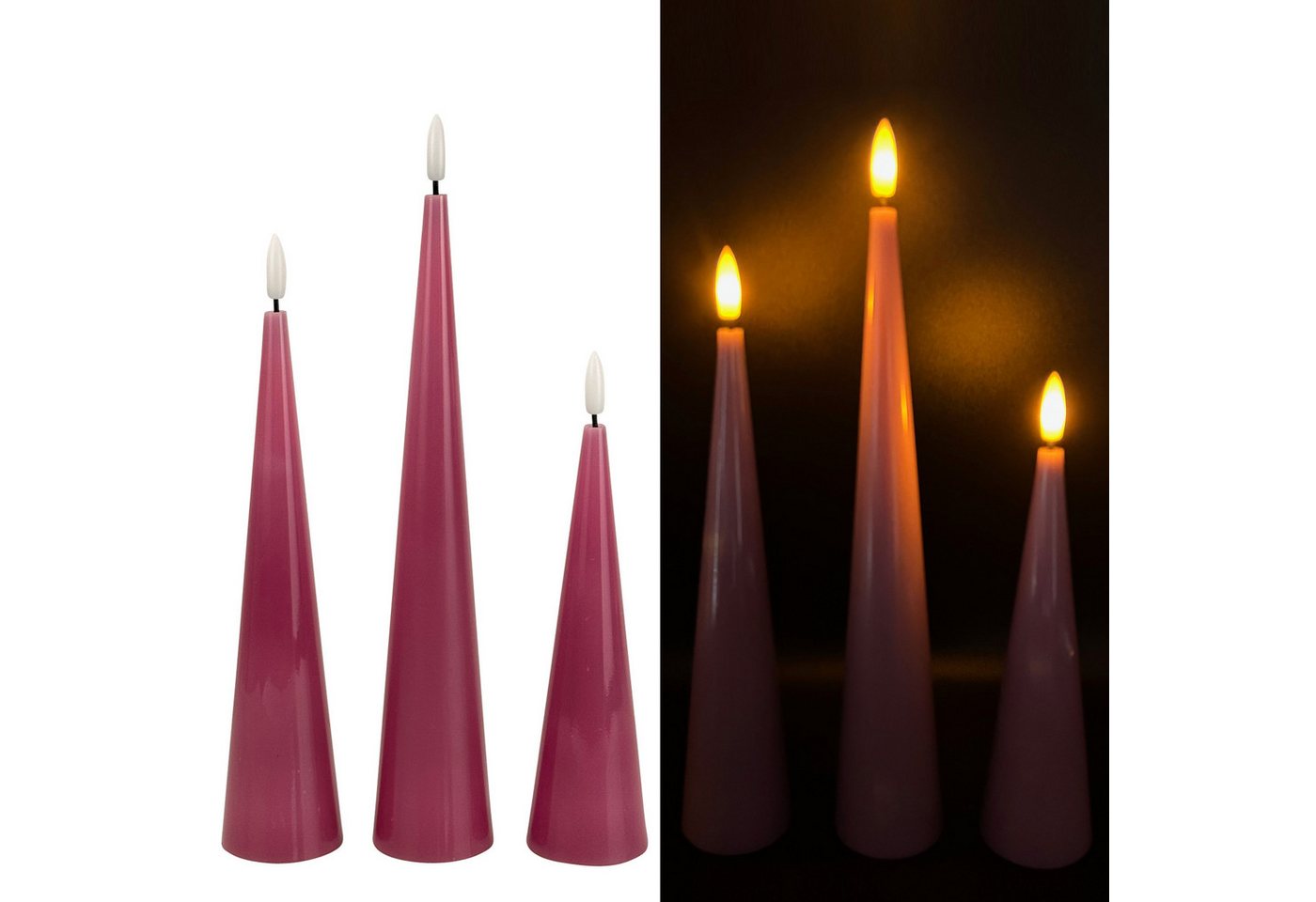 Online-Fuchs LED-Kerze 3 LED-Kerzen, Stabkerzen XL in Kegelform inklusive 6-Stunden Timer (realistische Kerzenflamme, Weiß, Grün, Gelb, Pflaume), modern - elegant - stilvoll von Online-Fuchs