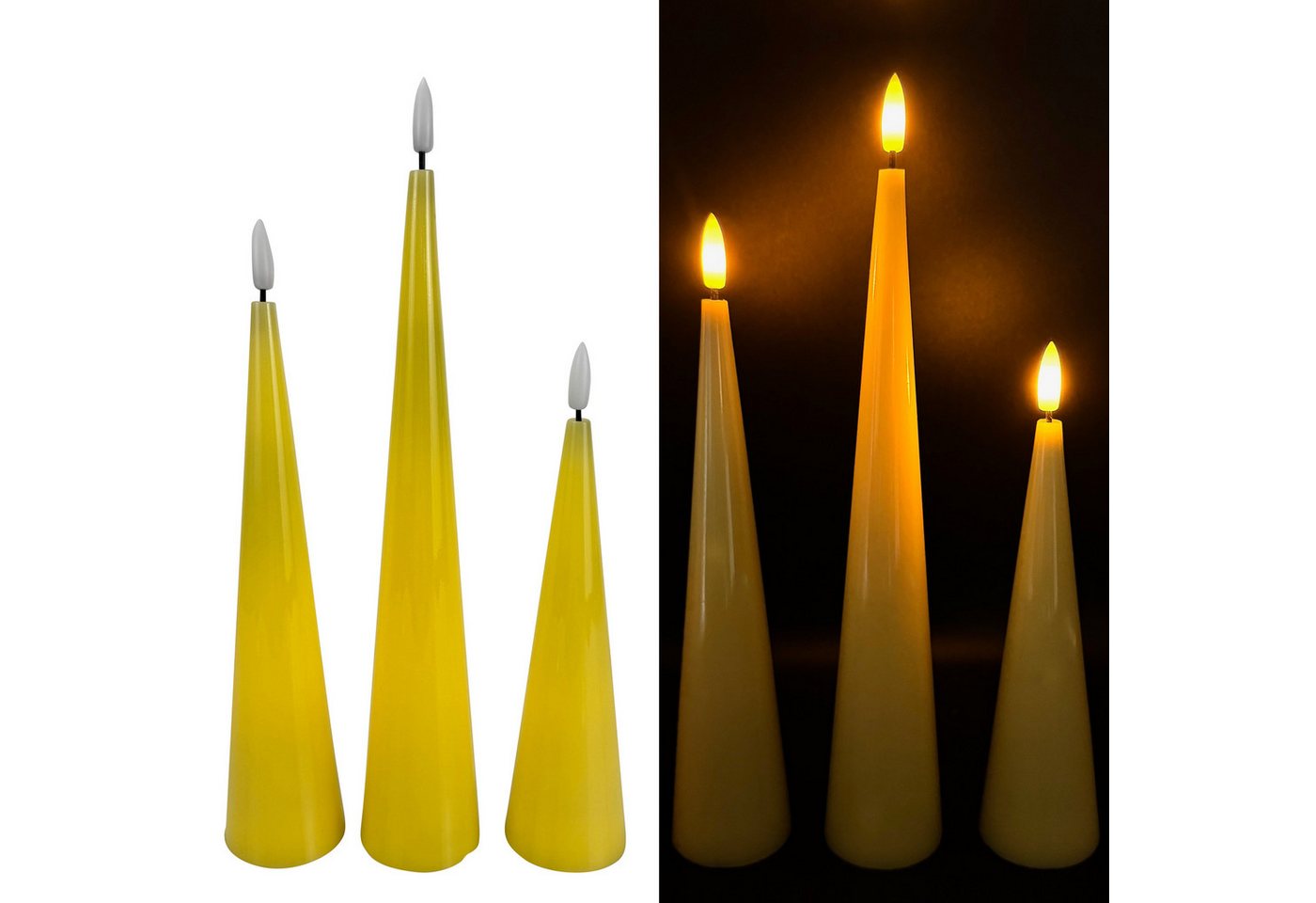 Online-Fuchs LED-Kerze 3 LED-Kerzen, Stabkerzen XL in Kegelform inklusive 6-Stunden Timer (realistische Kerzenflamme, Weiß, Grün, Gelb, Pflaume), modern - elegant - stilvoll von Online-Fuchs