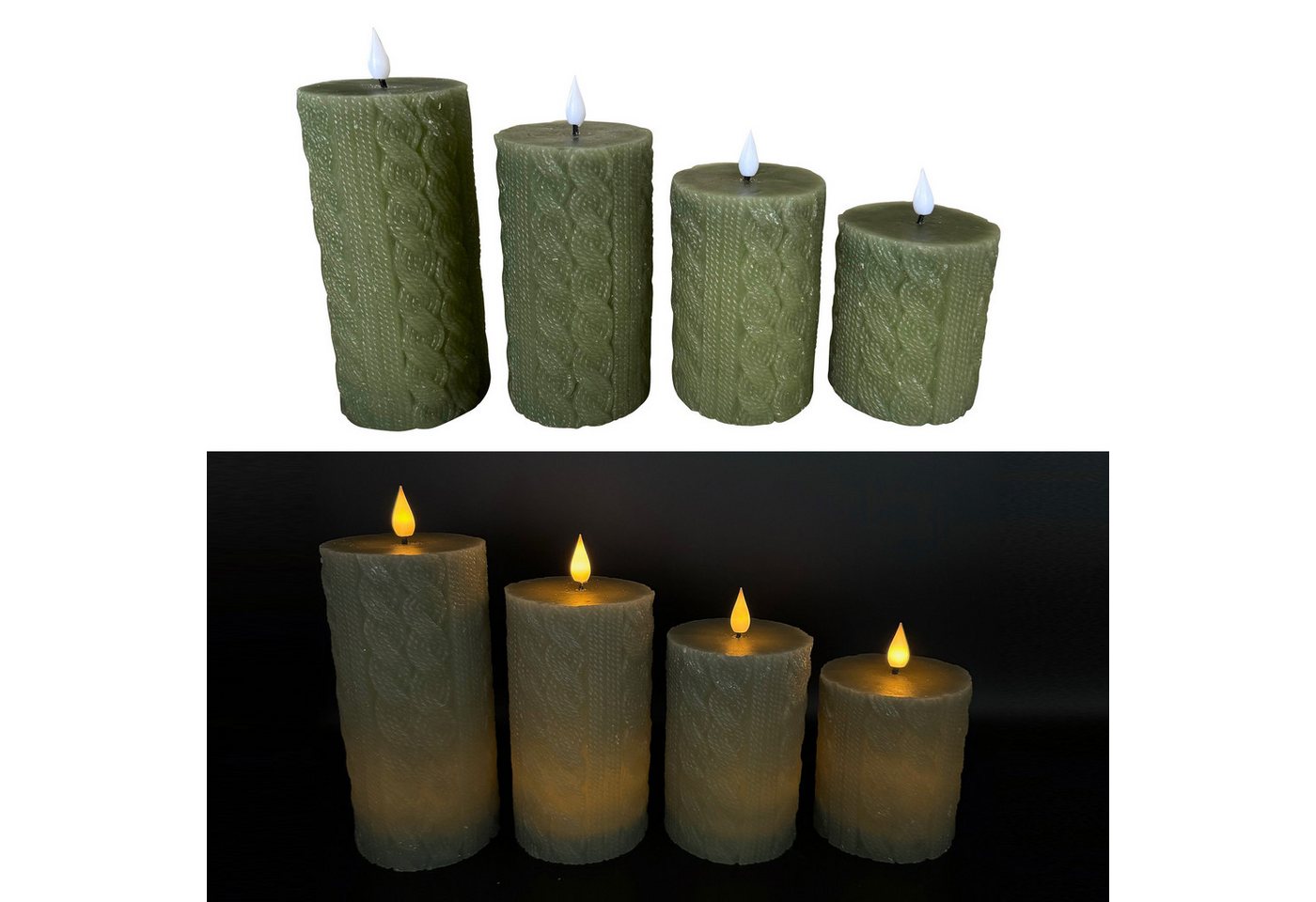 Online-Fuchs LED-Kerze 4 LED Kerzen aus Echtwachs mit Zopfstrickmuster und flackernde Flamme (Grün oder Grau wählbar), 6-Stunden-Timer von Online-Fuchs