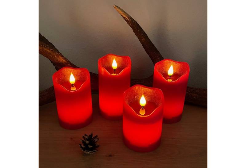 Online-Fuchs LED-Kerze 4 LED Kerzen im Set mit Dimmer, Timer und Fernbedienung - (Spiegelnde Flamme mit Docht), Creme, Rot, Grün, Lila, Altrosa von Online-Fuchs