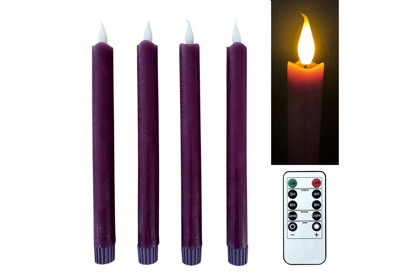 Online-Fuchs LED-Kerze 4 LED STABKERZEN im Set aus Echtwachs mit Timer & Fernbedienung, 264 (Rot, Grün, Weiß und Lila, realistische Flamme), Fernbedienung mit Timer und Dimmer von Online-Fuchs