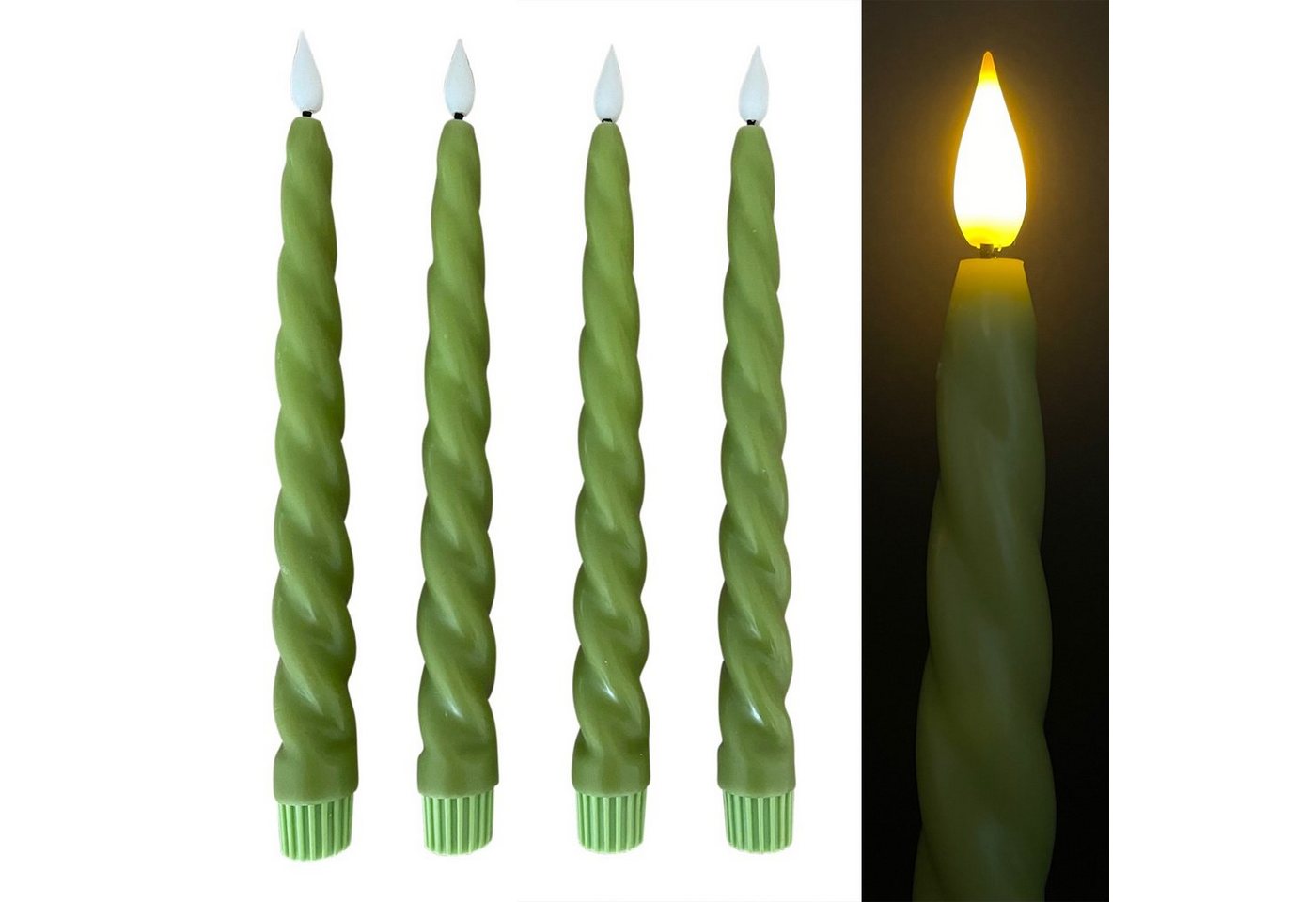 Online-Fuchs LED-Kerze 4 Stabkerzen gedreht aus Echtwachs mit Fernbedienung und Timer (im Set, (Weiß, Rosa, Lila und Grün), täuschend echte Flamme von Online-Fuchs