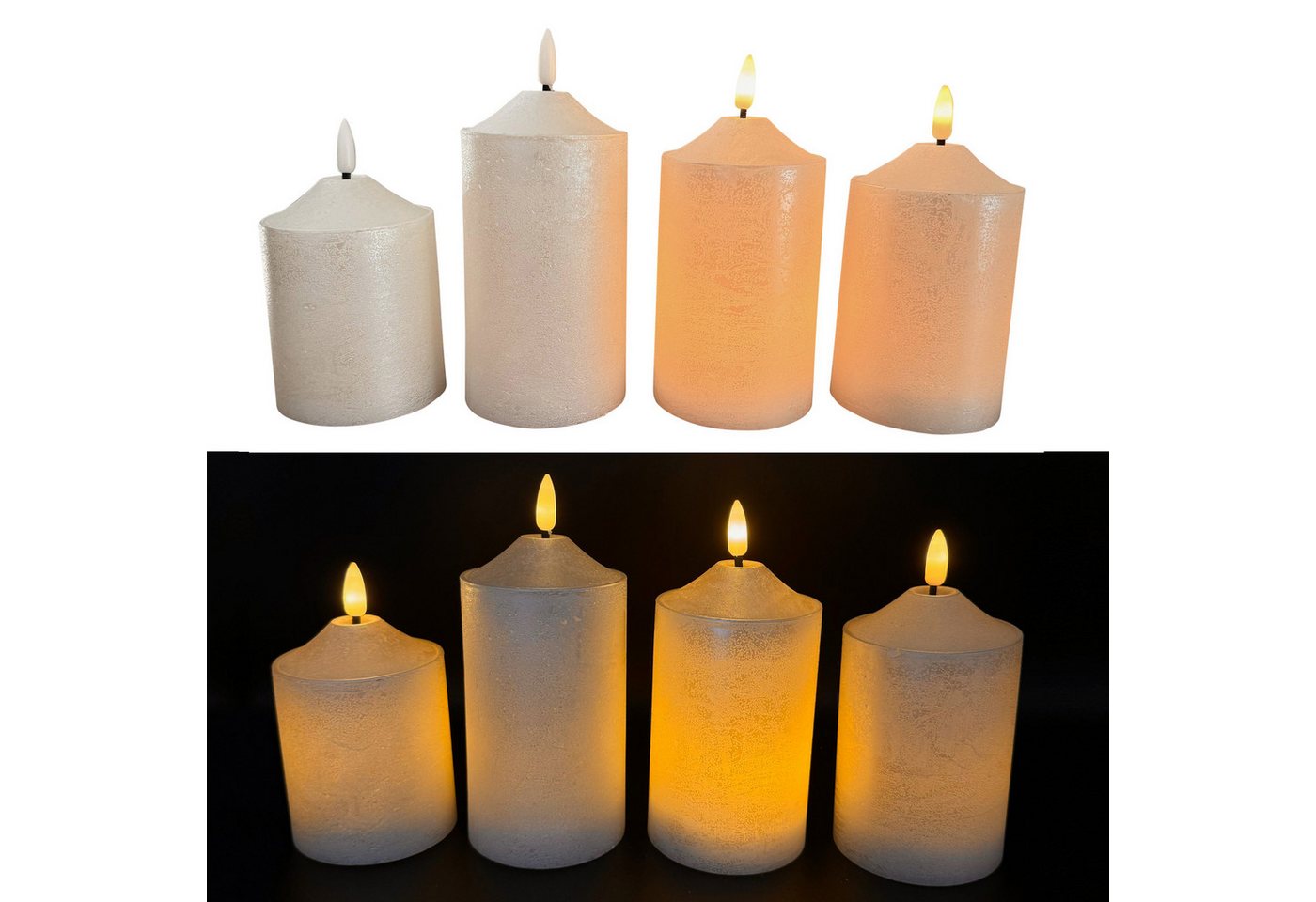 Online-Fuchs LED-Kerze 4 er Set LED-Spitzkerzen mit Fernbedienung und Timerfunktion (Rot, Silber, Roségold, Champagner, Taubenblau und Weiß, realistische Flamme), Kerzen für Weihnachten, Adventskranz von Online-Fuchs